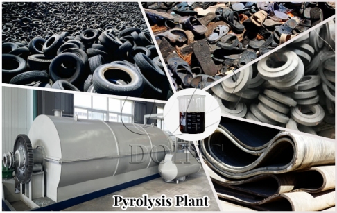 What kind of rubber materials can be recycled into fuel by pyrolysis plant?